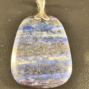 Blue White Banded Stone Pendant Sterling Silver Bail 925 LUC CN Large Statement